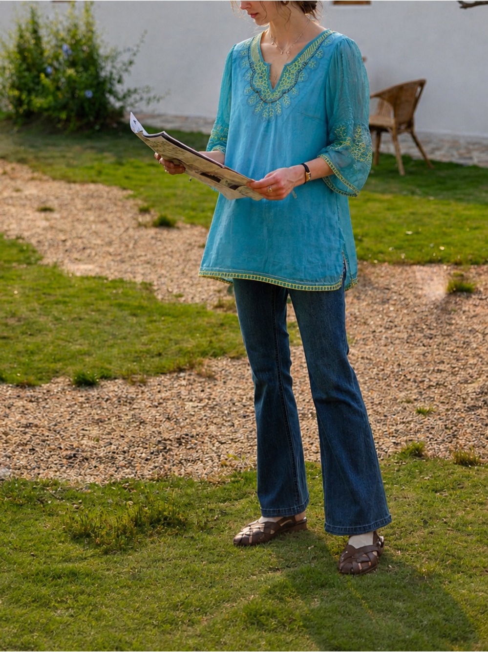 Silk Turquoise Embroidered Tunic with Sheer Sleeves (0054)